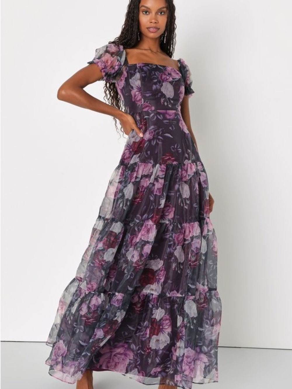 Lulu's Women’s Floral Puff-Sleeve Tiered Maxi Wedding Guest Dress Small NWT